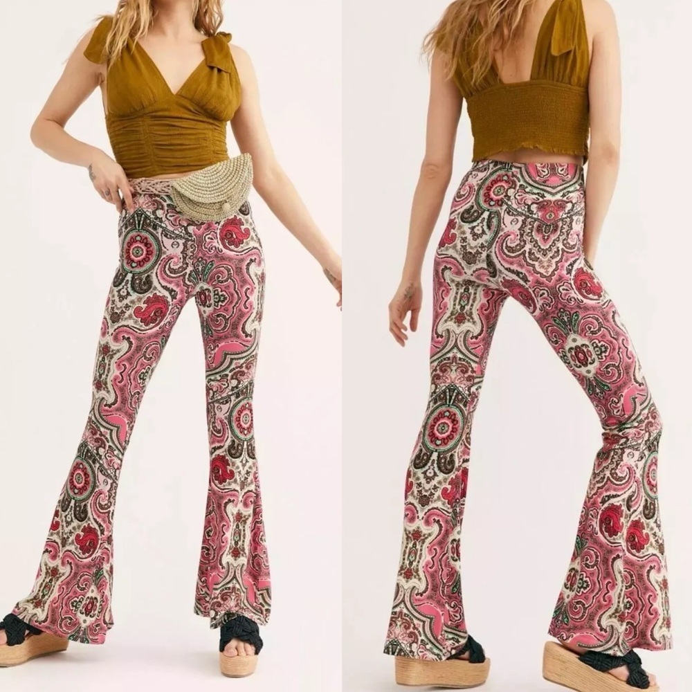 Free People Harper Paisley Pull On Pants In Hot Pink Combo Size S